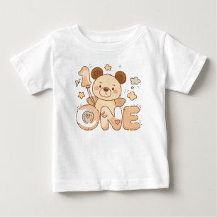 T-shirt Pour Bébé Ours en dessin animé unique “UN” chemise crème