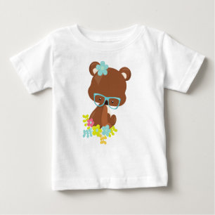 T-shirt Pour Bébé Ours Hipster, Ours Avec Lunettes, Fleurs Colorées