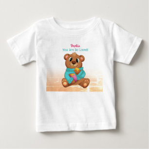 T-shirt Pour Bébé Ours mangeant du miel, nom de l'enfant et message