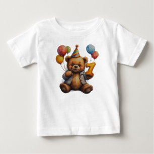 T-shirt Pour Bébé Ours mignon d'anniversaire avec ballons et chapeau