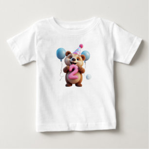 T-shirt Pour Bébé Ours mignon d'anniversaire avec chapeau de fête et