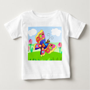 T-shirt Pour Bébé papillon de dessin animé sur un champ fleuri