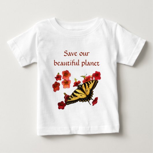 T-shirt Pour Bébé Papillon jaune sur les fleurs rouges Sauvez notre (Devant)