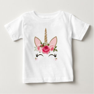 T-shirt Pour Bébé Parties scintillant d'or et Unicorne florale rose