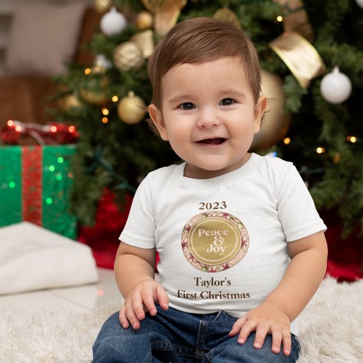 T-shirt Pour Bébé Peace & Joy Pink Gold Baby Premier Noël