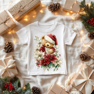 T-shirt Pour Bébé Père Noël ours en peluche avec fleurs de Noël