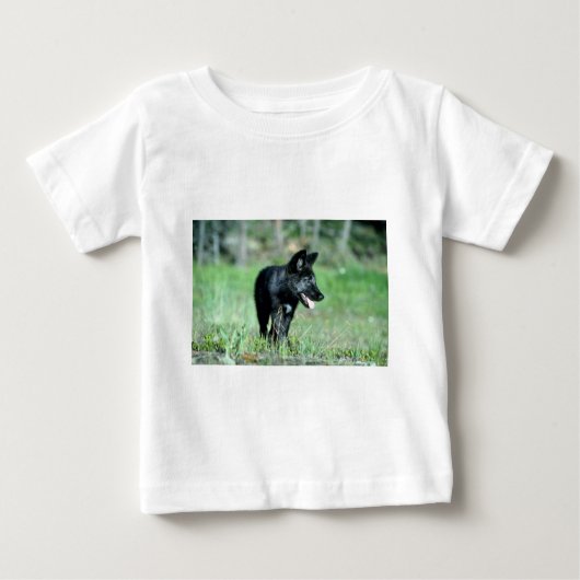 T-shirt Pour Bébé Petit animal gris de Loup-été (noir-phase) (Devant)