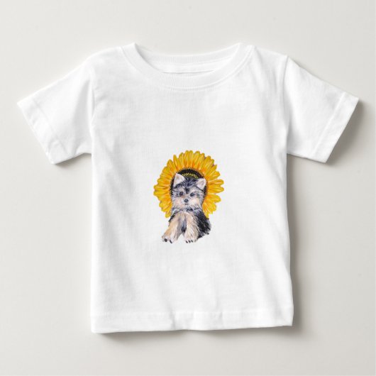 T-shirt Pour Bébé Petit chiot du Yorkshire mignon chien & tournesol (Devant)