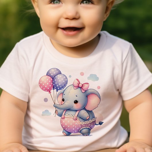 T-shirt Pour Bébé Petit Eléphant Tenant Ballons Anniversaire