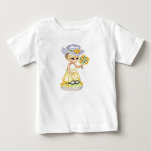 T-shirt Pour Bébé Petite Fille en Robe de Pâques Jaune Tenant des Fl