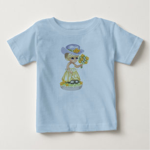 T-shirt Pour Bébé Petite fille en robe de Pâques Jaune tenant des fl
