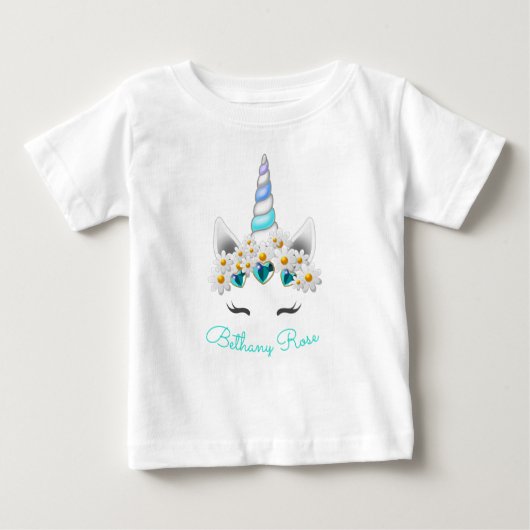 T-shirt Pour Bébé Petite Princesse Licorne Turquoise Bijoux Fleurs (Devant)