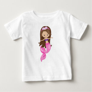 T-shirt Pour Bébé Petite Sirène, Mignonne Sirène, Cheveux Brown, Coq