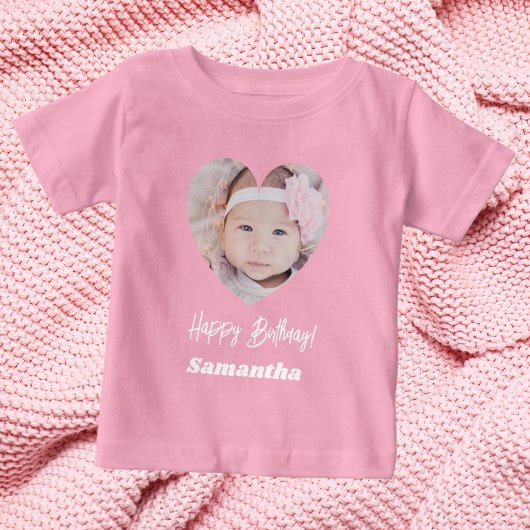 T-shirt Pour Bébé Photo cœur nom anniversaire fille rose