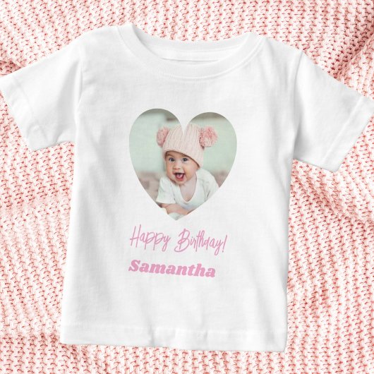 T-shirt Pour Bébé Photo heart name birthday girl pink
