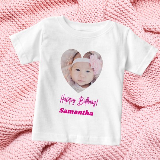 T-shirt Pour Bébé Photo heart name birthday girl pink