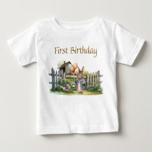 T-shirt Pour Bébé Pierre les ballons de lapin Premier anniversaire (Devant)