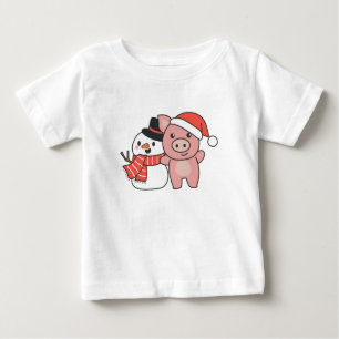 T-shirt Pour Bébé Pig With Snowman In Winter For Christmas