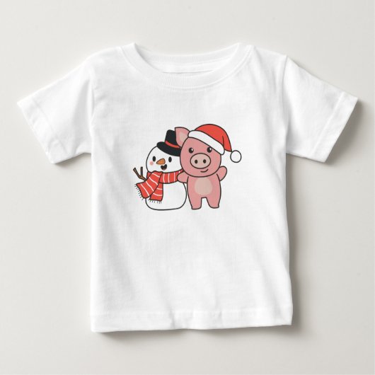 T-shirt Pour Bébé Pig With Snowman In Winter For Christmas (Devant)