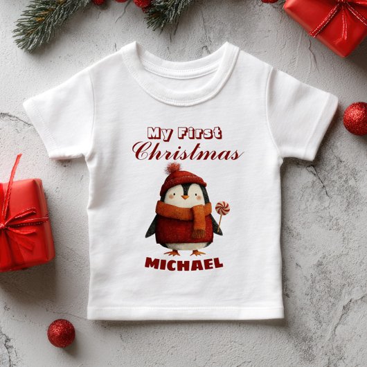 T-shirt Pour Bébé Pingouin de dessin mignon Premier Noël Nom personn