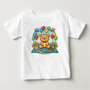 T-shirt Pour Bébé Pique-nique de nounours souriant avec du miel et d