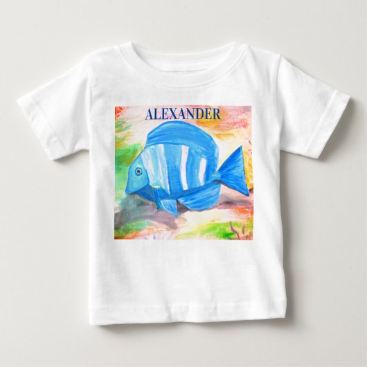 T-shirt Pour Bébé Poisson bleu tropical Aquarelle Océan (Devant)