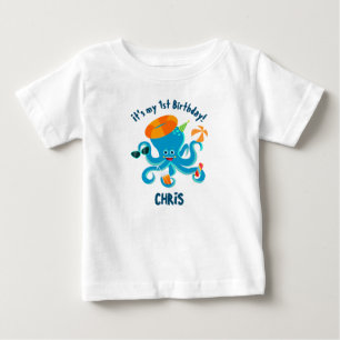 T-shirt Pour Bébé Poulpe Bleu Sous l'Océan Fête d'Anniversaire Garço