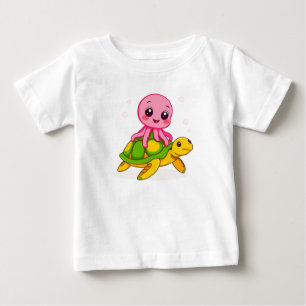 T-shirt Pour Bébé Poulpe de dessin animé mignon chevauchant une tort