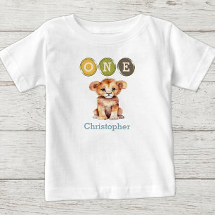 T-shirt Pour Bébé Premier anniversaire de Lion 1 avec un nom bleu