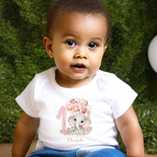 T-shirt Pour Bébé Premier anniversaire fille mignonne éléphant rose
