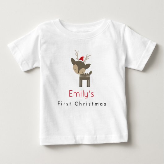 T-shirt Pour Bébé Premier Cerf De Noël Dans Un Chapeau Rouge (Devant)