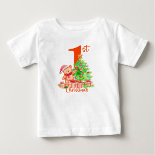 T-shirt Pour Bébé Premier Noël de bébé, ours mignon et design d'arbr