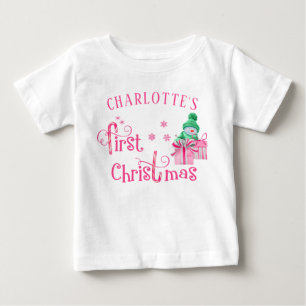 T-shirt Pour Bébé Premier Noël de bébé Rose Bonhomme de neige et flo
