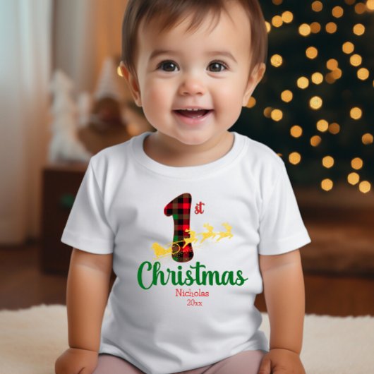 T-shirt Pour Bébé Premier Noël Père Noël Sleigh Buffalo Nom de l'avi