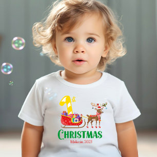 T-shirt Pour Bébé Premier Noël Père Noël Sleigh Reindeen Nom Année