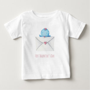 T-shirt Pour Bébé Premier Saint Valentin Bébé Oiseau bleu avec lettr