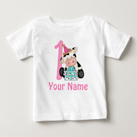 T-shirt Pour Bébé Première fille d'anniversaire vache rose (Devant)