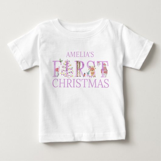 T-shirt Pour Bébé Première Noël Mignonne Lettres d'animaux Nom de fi (Devant)