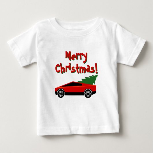 T-shirt Pour Bébé Red Tesla truck hauling a Christmas tree cute (Devant)