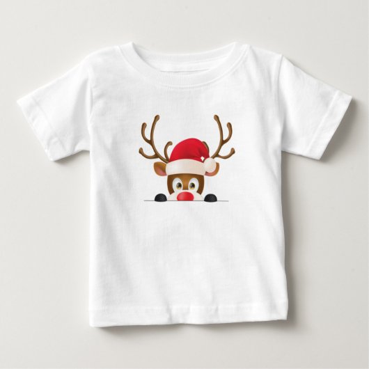 T-shirt Pour Bébé Reindeer in santa hat peeking out. (Devant)