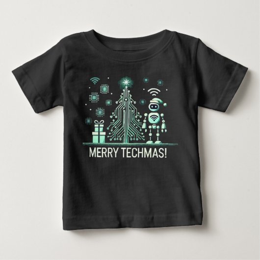 T-shirt Pour Bébé Robot IA avec arbre de Noël Tech - Joyeux Techmas (Devant)