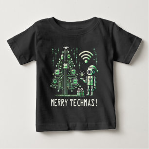 T-shirt Pour Bébé Robot IA avec arbre de Noël Tech - Joyeux Techmas