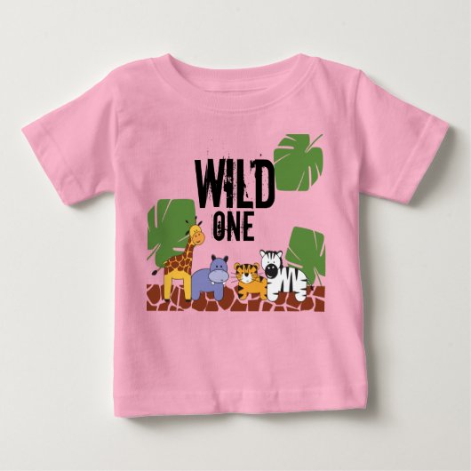 T-shirt Pour Bébé Rose "WILD ONE" Safari Jungle Thème Premier Annive (Devant)