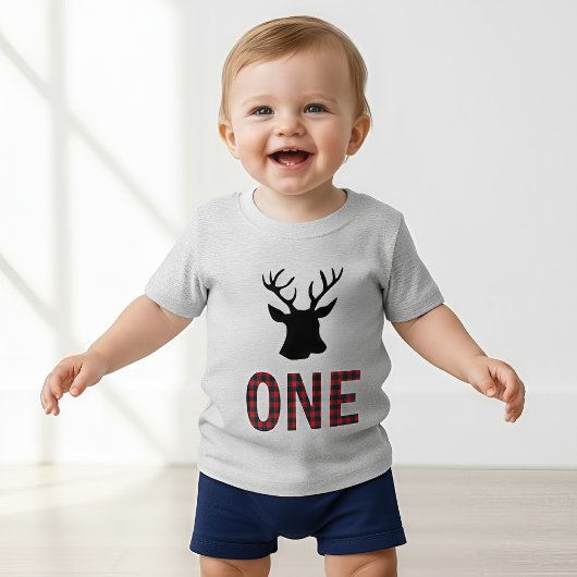T-shirt Pour Bébé Rouge Buffalo Plaid Cerf 1er Anniversaire Bûcheron