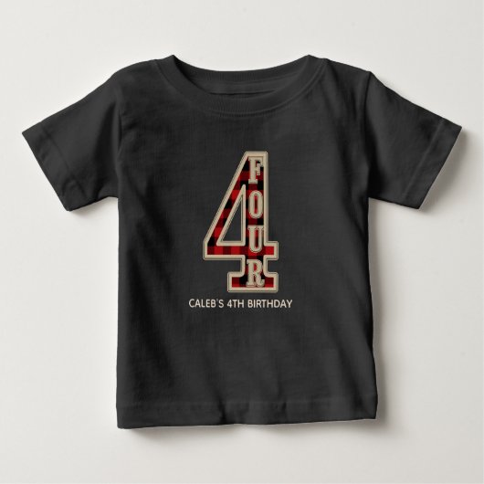 T-shirt Pour Bébé Rouge rustique Buffle Noir Plaid 4ème anniversaire (Devant)