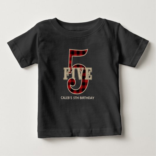 T-shirt Pour Bébé Rouge rustique Buffle Noir Plaid 5ème anniversaire (Devant)