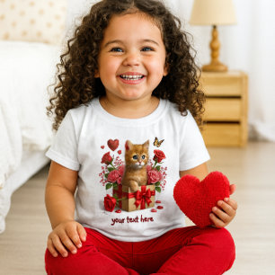 T-shirt Pour Bébé Saint-Valentin chaton roux coeurs et roses rouges
