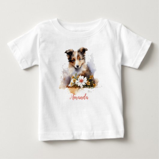 T-shirt Pour Bébé Shetland Sheepdog Chiot Pet Aquarelle (Devant)
