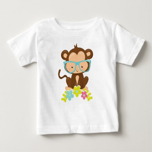T-shirt Pour Bébé Singe Hipster, Singe Avec Lunettes, Fleurs (Devant)