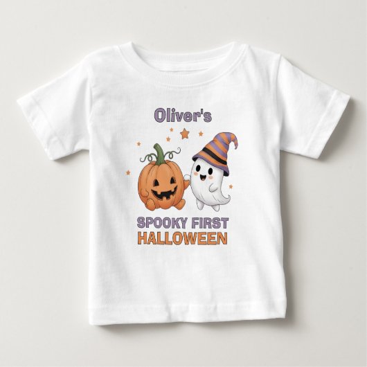 T-shirt Pour Bébé "Spooky First Halloween" Cute Ghost & Pumpkin (Devant)